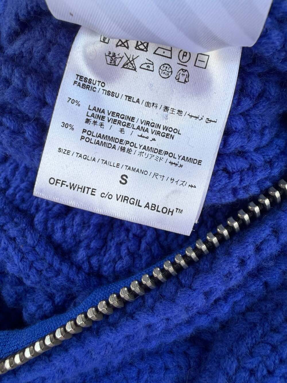Off-White Virgil Abloh Cobalt Blue Virgin Wool Blend Cable Knit Zip-Up Sweater - Picture 6 of 7